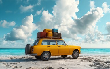 Retro yellow car parked on a sandy beach by a turquoise sea