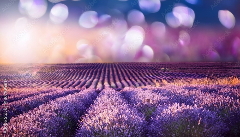 Wall mural a dreamy field of lavender with gradient background and bokeh light