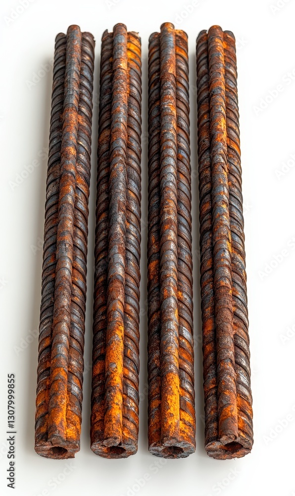 Poster rusty reinforcement bars in a row on a white background showcasing industrial use and deterioration 