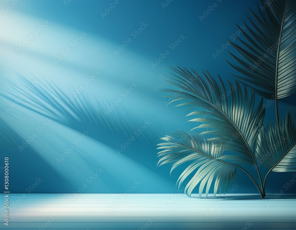 Wall mural minimalistic simple background for product presentation shadow from tropical foliage and light on bl