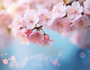 beautiful soft spring background pink flowers on sakura tree branch on blue and pearl pastel background soft focus macro expressive artistic image of spring nature
