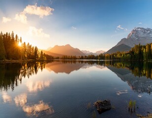 a serene landscape showcasing a tranquil lake reflecting trees and a stunning sunrise against a backdrop of mountains