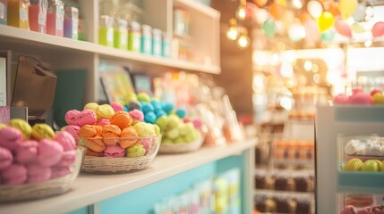 Colorful macarons and sweets displayed in a bakery