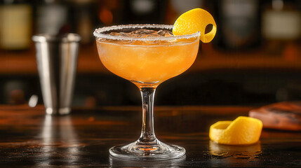 Elegant Brandy Crusta cocktail featuring lemon peel and sugar rim