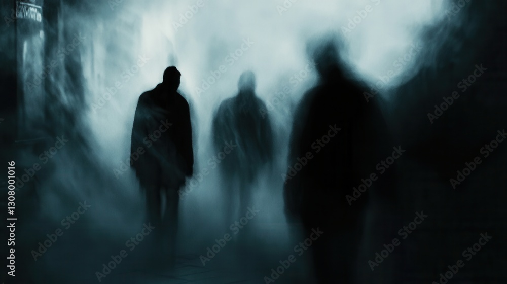 Poster mysterious silhouettes move through shadows in an abstract dark toned setting evoking feelings of fe