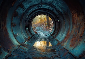Serene View Through Industrial Pipe with Reflections of Nature and Autumn Colors at Dusk in Tranquil Forest Setting