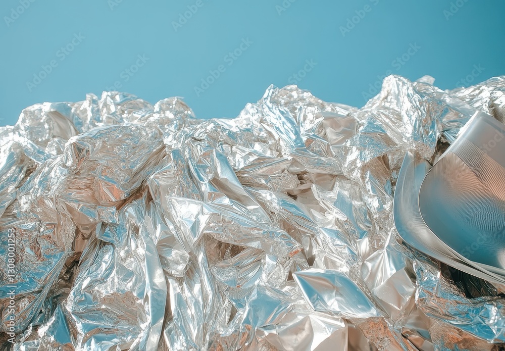 Aufkleber Shimmering Crumpled Silver Foil with Bright Sky Background Creating a Textured and Reflective Visual Art Element for Creative Projects