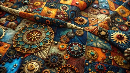 Obraz premium Aerial View of Patchwork Fabric with Intricate Steampunk Doodles