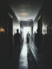 Eerie dark corridor with shadowy figures and flickering light creates a cinematic horror atmosphere