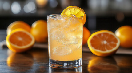 Refreshing John Collins cocktail with citrus and bubbles served on a bar counter surrounded by fresh oranges
