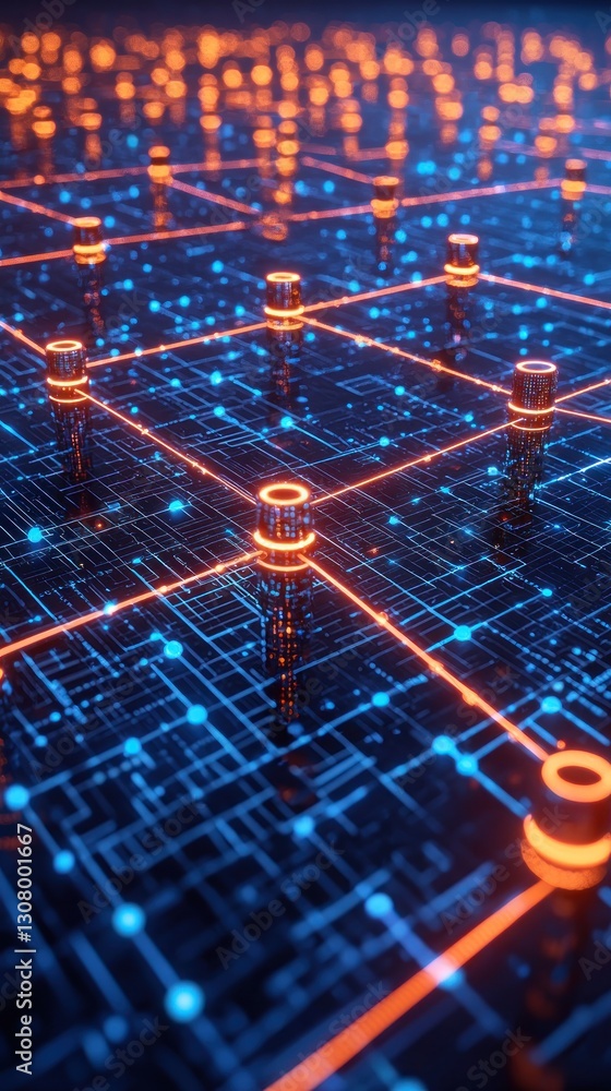 Poster cybernetic network glowing, connecting data points in digital blue tech background