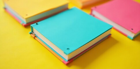 Close up of various colorful notebooks and sticky notes on a yellow surface, study essentials, yellow background, organization