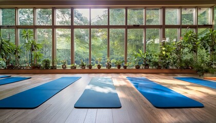 Obraz premium a serene yoga studio with large windows blue mats and natural light surrounded by greenery creating a peaceful atmosphere for practice