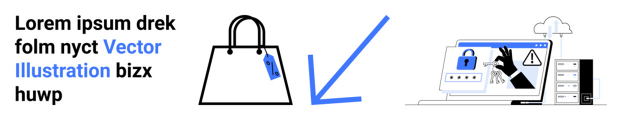Shopping bag with security tag, laptop displaying lock icon, warning triangle, and cloud storage server. Ideal for cybersecurity, e-commerce safety, cloud storage, data protection, transaction