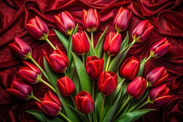 Obraz premium Aerial View of Red Tulips on Velvet, Elegant Floral Decoration Design