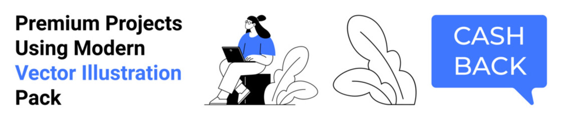 Woman working on laptop, surrounded by minimalist decorative leaves and a Cash Back chat bubble. Ideal for finance, online shopping, rewards programs, promotions, tech, freelancing, flat landing page