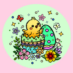Cute Easter illustration of a cheerful yellow chick hatching from a decorated egg, surrounded by spring flowers, butterflies, and sparkles. Bright pastel colors and cartoon style for festive design.