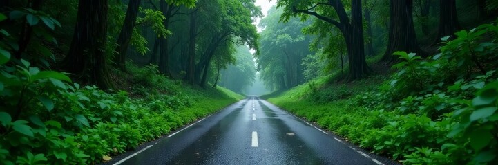 Obraz premium Rain lashes abandoned road, dense jungle canopy , adventure, dripping