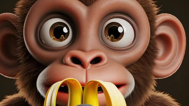 Cartoon Monkey Holding and Peeling a Banana in Close-Up View 4K footage video animated download