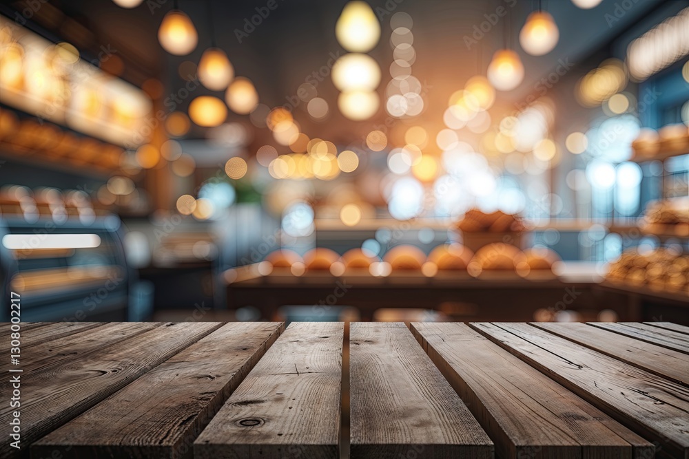 Poster empty wooden table with blurred bakery and cafe atmosphere in soft bokeh background