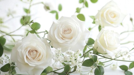 Roses intertwined with delicate greenery create a beautiful floral composition,