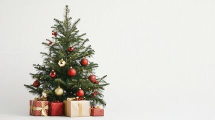 Christmas tree adorned with traditional ornaments and a festive box plant
