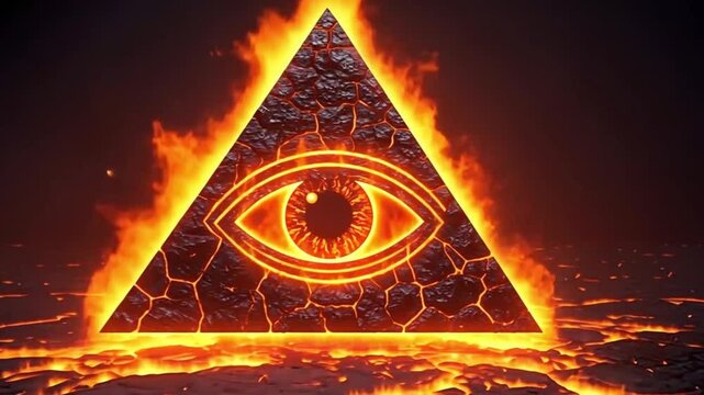 Fiery Illuminati Eye in Triangle Lava Rock Formation Animation suitable for futuristic designs, technology concepts, digital backgrounds, and scifi themed projects.
