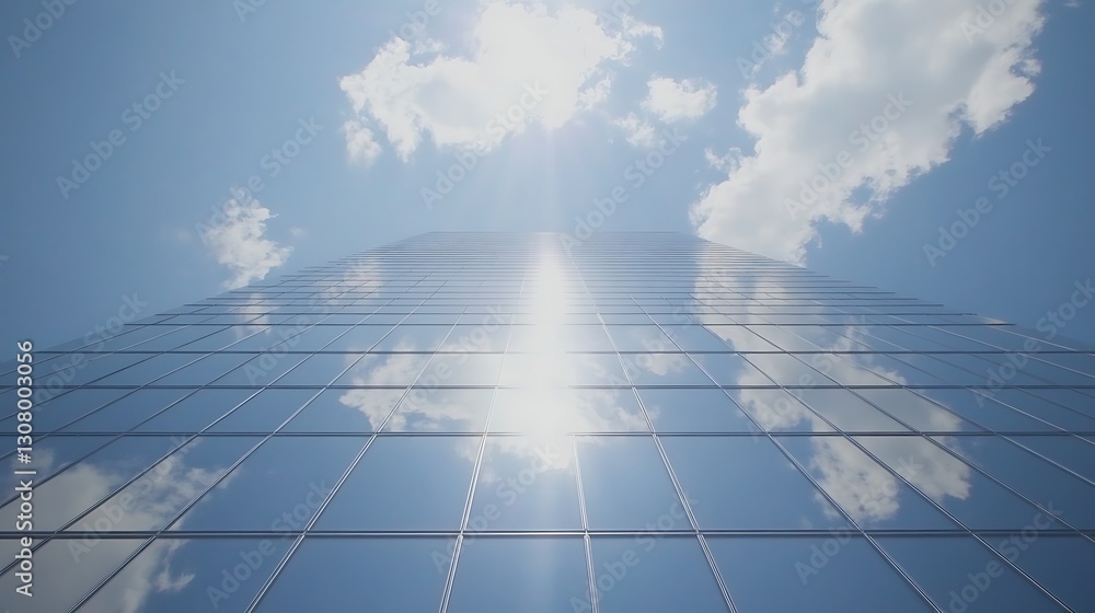 Poster A reflective skyscraper facade under a bright sky with clouds and sunlight shining through.