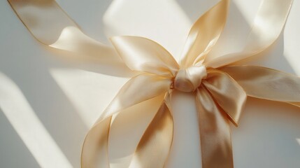 Shiny gold ribbon artfully tied around a gift