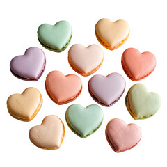 Obraz premium Heart-Shaped Macarons in Soft Pastel Pink, Mint, and Peach Isolated on Transparent Background.