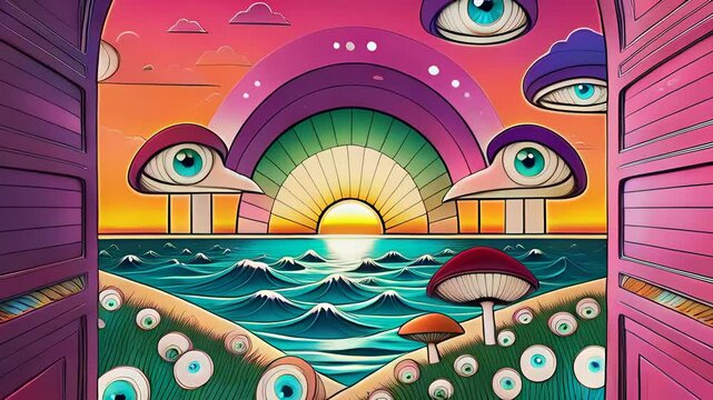 Psychedelic surreal vintage so synth wave poster cartoon style, arched door overseeing ocean filled with eyeballs trippy mushroom arches in a room on ocean with trippy eyes sunset- generated by ai