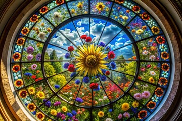 Aerial View of Vibrant Circular Wildflower Stained Glass Window Design
