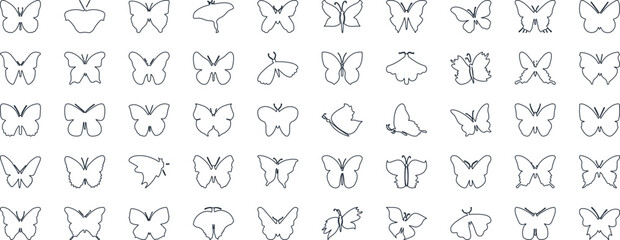 Butterfly vector illustration set, line art style, Butterflies in various poses. Perfect for spring, summer designs, invitations.