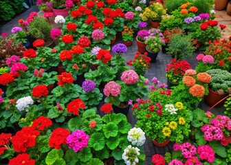 Aerial View of Vibrant Zonal Geraniums (Ladies Heads) in Backyard Garden