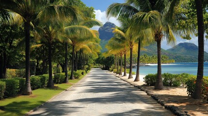 Fototapeta premium Palm-lined path to tropical beach, island vista