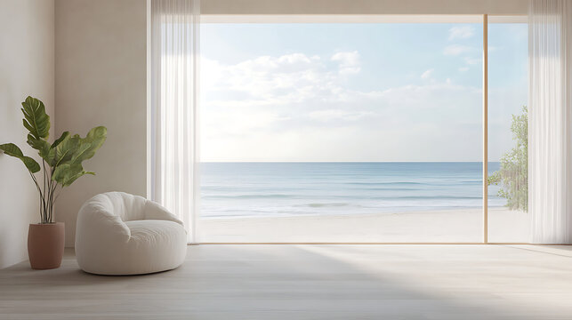 Fototapeta A white chair is sitting in front of a large window overlooking the ocean