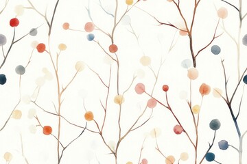 Delicate watercolor pattern with branches and colorful dots, ideal for home decor and textile design, featuring soft pastel hues and a seasonal aesthetic
