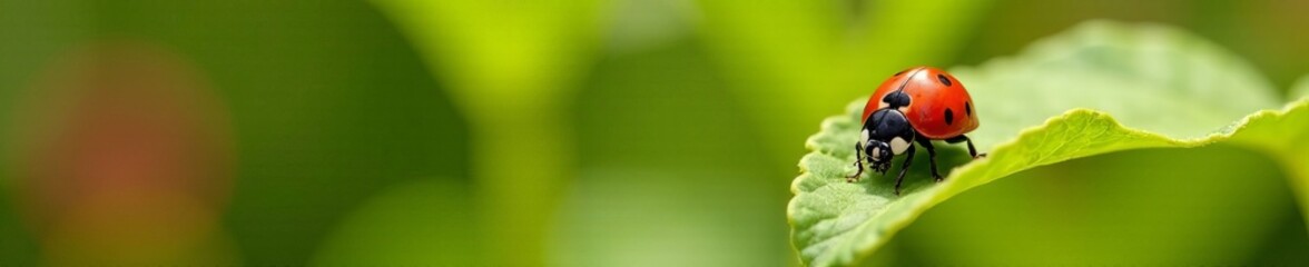 Fototapeta premium Close-up of a vibrant red ladybug on a leaf in a sunny spring garden, spring, ladybug, spotted