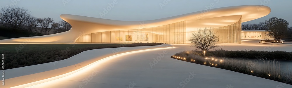 Poster modern architectural masterpiece with flowing lines and ambient lighting in an elegant landscape.