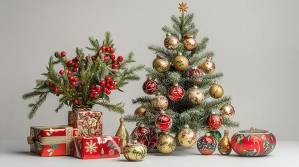 Christmas tree with intricate decorations and a seasonal Christmas box plant