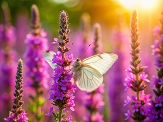 Naklejka premium Aerial View: Purple Loosestrife Flowers & Cabbage White Butterfly