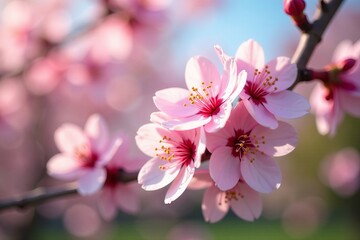 Obraz premium Close-up of blooming cherry blossoms in a spring garden, blossoms, pink, flowers