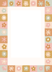 Photo border background with cute flowers in retro Spring colors in a checkered pattern