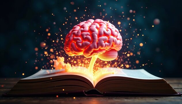 Close-up of brain exploding over open book with flying pages, explosion, imagination, intelligence