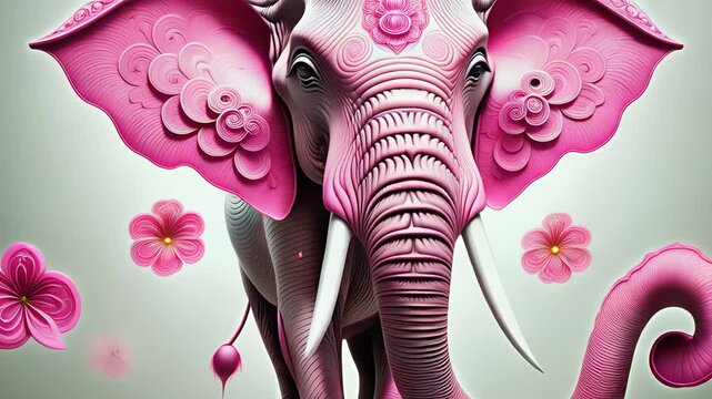 a stylized, surreal portrait of an elephant with intricate, flowing pink patterns and ornate pink floral designs on the face and trunk- generated using ai