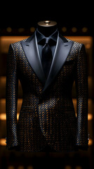 Elegant Black and Gold Tuxedo Suit - Fashion Illustration