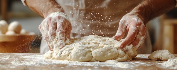 Action shot of male hands kneading dough on a wooden surface with flour flying, closeup view, rustic food preparation, doughmaking process, ultrarealistic lighting, Midjourney V5