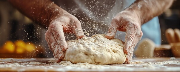 Fototapeta premium Action shot of male hands kneading dough on a wooden surface with flour flying, closeup view, rustic food preparation, doughmaking process, ultrarealistic lighting, Midjourney V5