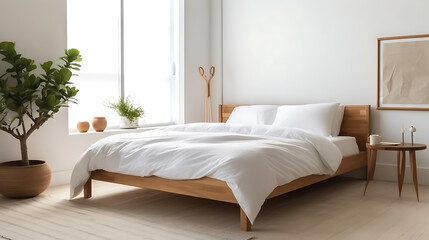 A white bed with a wooden headboard and a white comforter