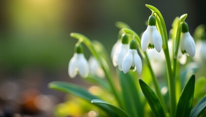 Close-up of delicate white snowdrop flowers in bloom, nature, botanical, macro